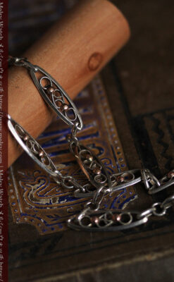 銀無垢アンティーク懐中時計チェーン 銀とローズ色の玉装飾-C0486-2