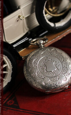 両面の彫りの美しい スイス製銀無垢アンティーク懐中時計 【1890年頃】-P2298-6