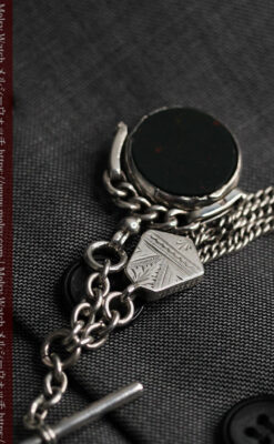 回転する石飾りのついたアンティーク銀無垢懐中時計チェーン-C0488-10