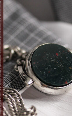 回転する石飾りのついたアンティーク銀無垢懐中時計チェーン-C0488-11