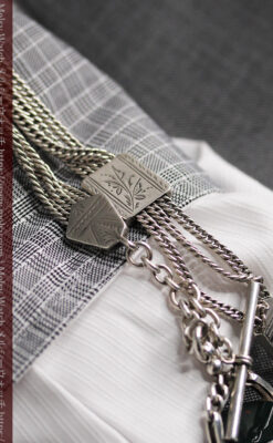 回転する石飾りのついたアンティーク銀無垢懐中時計チェーン-C0488-3