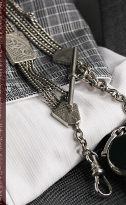 回転する石飾りのついたアンティーク銀無垢懐中時計チェーン-C0488-4