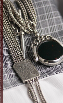 回転する石飾りのついたアンティーク銀無垢懐中時計チェーン-C0488-5