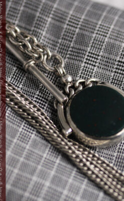 回転する石飾りのついたアンティーク銀無垢懐中時計チェーン-C0488-6