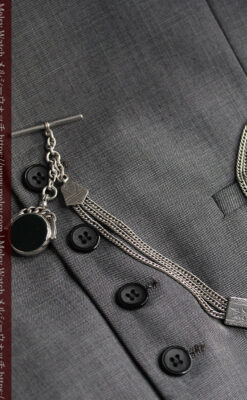 回転する石飾りのついたアンティーク銀無垢懐中時計チェーン-C0488-7