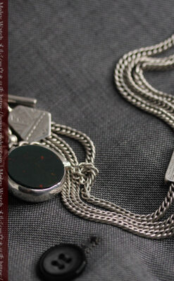 回転する石飾りのついたアンティーク銀無垢懐中時計チェーン-C0488-8