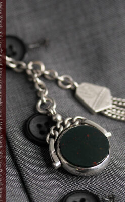 回転する石飾りのついたアンティーク銀無垢懐中時計チェーン-C0488-9