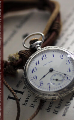 ウォルサム 青い文字と装飾の綺麗な銀無垢アンティーク懐中時計 【1900年頃】-P2299-1