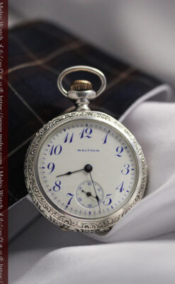 ウォルサム 青い文字と装飾の綺麗な銀無垢アンティーク懐中時計 【1900年頃】-P2299-10