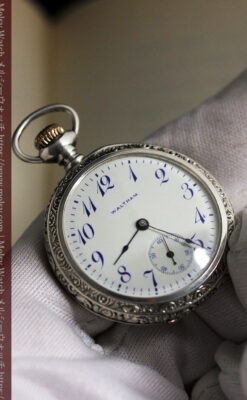 ウォルサム 青い文字と装飾の綺麗な銀無垢アンティーク懐中時計 【1900年頃】-P2299-11