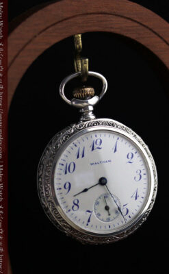 ウォルサム 青い文字と装飾の綺麗な銀無垢アンティーク懐中時計 【1900年頃】-P2299-12