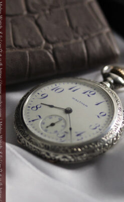 ウォルサム 青い文字と装飾の綺麗な銀無垢アンティーク懐中時計 【1900年頃】-P2299-4