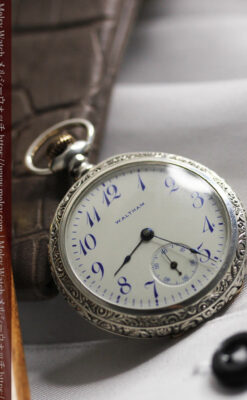 ウォルサム 青い文字と装飾の綺麗な銀無垢アンティーク懐中時計 【1900年頃】-P2299-7