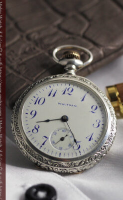 ウォルサム 青い文字と装飾の綺麗な銀無垢アンティーク懐中時計 【1900年頃】-P2299-8