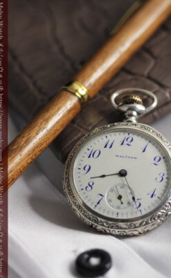 ウォルサム 青い文字と装飾の綺麗な銀無垢アンティーク懐中時計 【1900年頃】-P2299-9