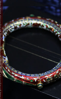 芸術的なエナメル装飾に宝石を鏤めた22金のアンティークバングル・ブレスレット-A0307-7