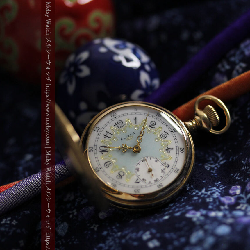 細やかな装飾の光るエルジンの金無垢アンティーク懐中時計 【1900年頃】-P2301-1