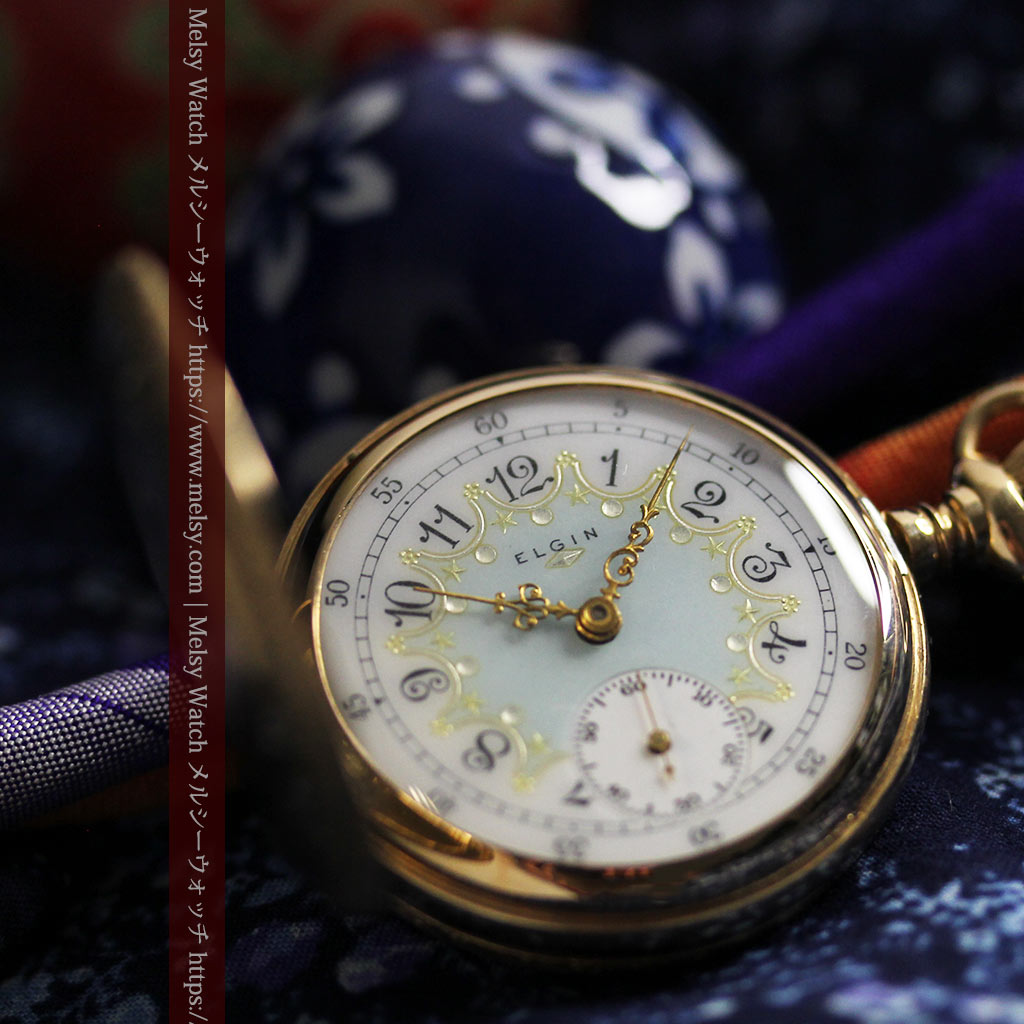 細やかな装飾の光るエルジンの金無垢アンティーク懐中時計【1900年頃】