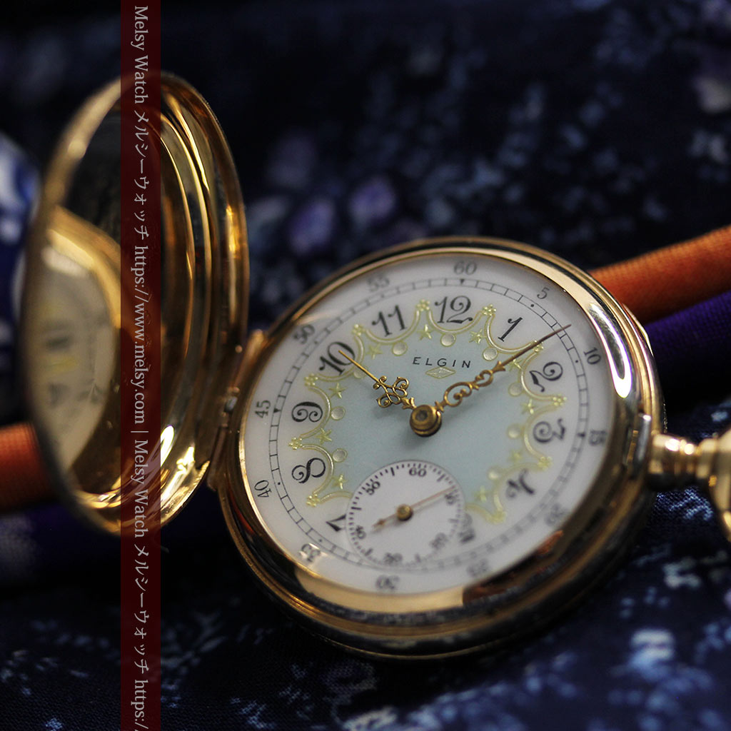 細やかな装飾の光るエルジンの金無垢アンティーク懐中時計【1900年頃】