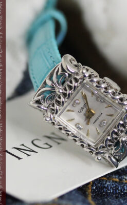 グリュエン 透かしとダイヤモンド装飾の女性用金無垢アンティーク腕時計 【1949年頃】-W1526-1