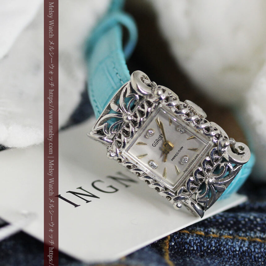 グリュエン 透かしとダイヤモンド装飾の女性用金無垢アンティーク腕時計 【1949年頃】-W1526-1