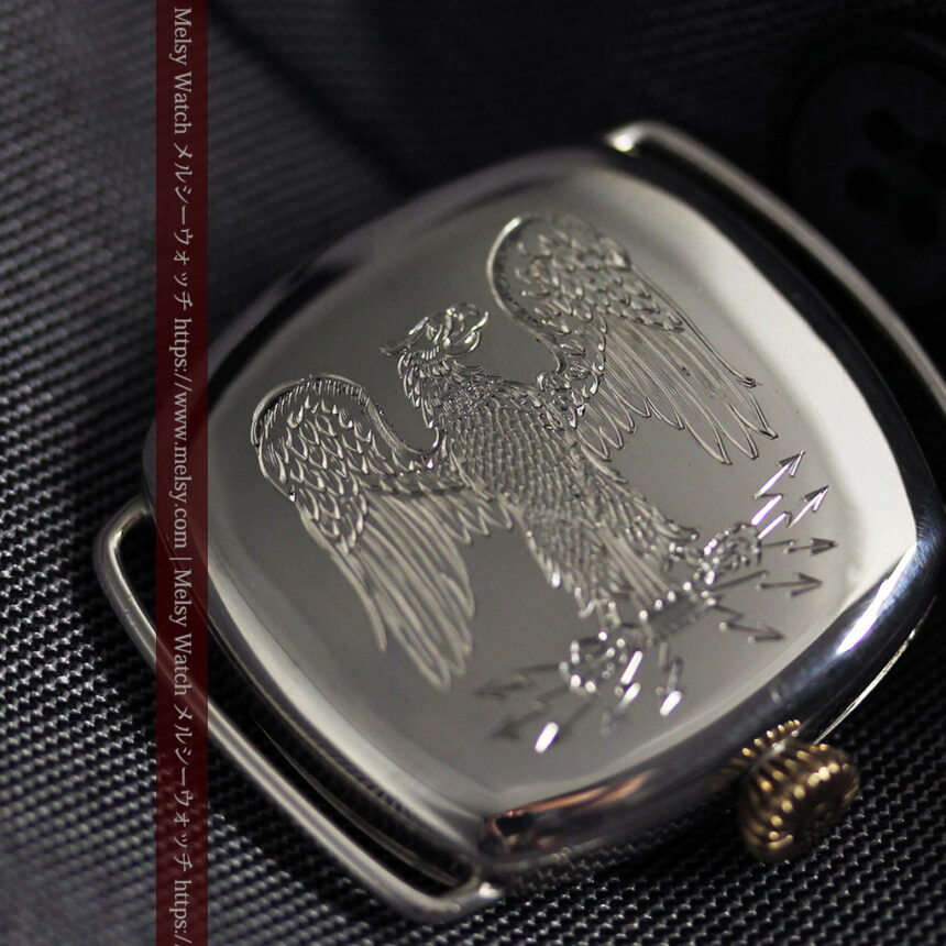 皇帝ナポレオンの鷲の彫り エルジンの銀無垢アンティーク腕時計 【1910年頃】-W1527-1