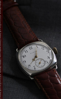 皇帝ナポレオンの鷲の彫り エルジンの銀無垢アンティーク腕時計 【1910年頃】-W1527-14