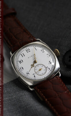 皇帝ナポレオンの鷲の彫り エルジンの銀無垢アンティーク腕時計 【1910年頃】-W1527-4