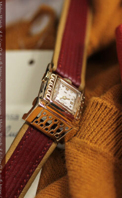 ジャガールクルト 立体感ある装飾の女性用金無垢アンティーク腕時計 【1950年頃】-W1528-1