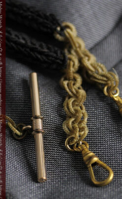 2色の毛で編まれたチェーン状のアンティーク懐中時計紐-C0491-10