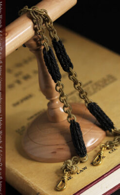 2色の毛で編まれたチェーン状のアンティーク懐中時計紐-C0491-12