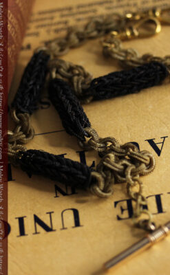 2色の毛で編まれたチェーン状のアンティーク懐中時計紐-C0491-14