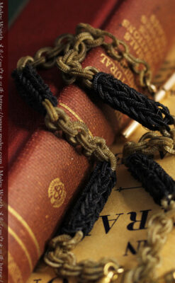 2色の毛で編まれたチェーン状のアンティーク懐中時計紐-C0491-15