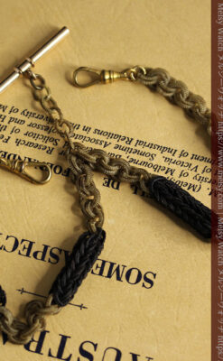 2色の毛で編まれたチェーン状のアンティーク懐中時計紐-C0491-18