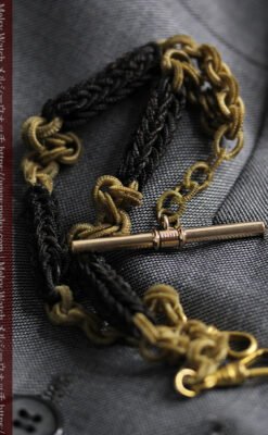 2色の毛で編まれたチェーン状のアンティーク懐中時計紐-C0491-3