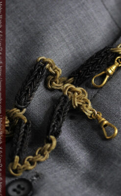 2色の毛で編まれたチェーン状のアンティーク懐中時計紐-C0491-4