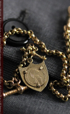 盾形飾りの付いた短いちょい掛け金無垢懐中時計チェーン-C0492-14