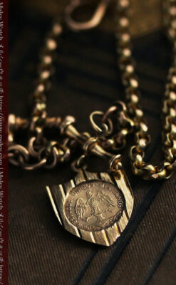 盾形飾りの付いた短いちょい掛け金無垢懐中時計チェーン-C0492-4