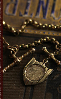 盾形飾りの付いた短いちょい掛け金無垢懐中時計チェーン-C0492-7