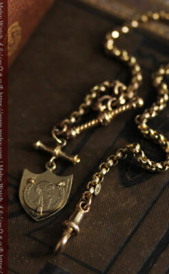 盾形飾りの付いた短いちょい掛け金無垢懐中時計チェーン-C0492-8