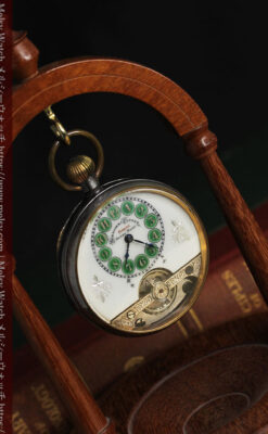 ヘブドマス 緑のエナメル装飾が美しい8日巻懐中時計 【1940年頃】-P2305-14