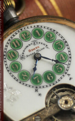 ヘブドマス 緑のエナメル装飾が美しい8日巻懐中時計 【1940年頃】-P2305-3