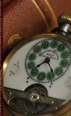 ヘブドマス 緑のエナメル装飾が美しい8日巻懐中時計 【1940年頃】-P2305-5