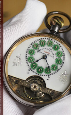 ヘブドマス 緑のエナメル装飾が美しい8日巻懐中時計 【1940年頃】-P2305-8