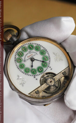 ヘブドマス 緑のエナメル装飾が美しい8日巻懐中時計 【1940年頃】-P2305-9