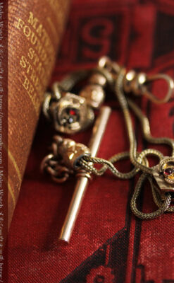 赤い宝石と六角形の装飾付きアンティーク懐中時計チェーン-C0494-3