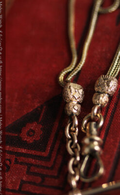 赤い宝石と六角形の装飾付きアンティーク懐中時計チェーン-C0494-5