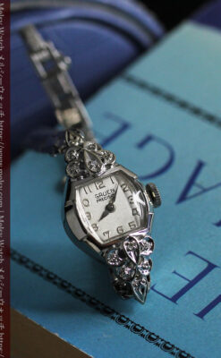 グリュエン レトロバンドが似合う白銀色の金無垢アンティーク腕時計 【1950年頃】-W1537-13