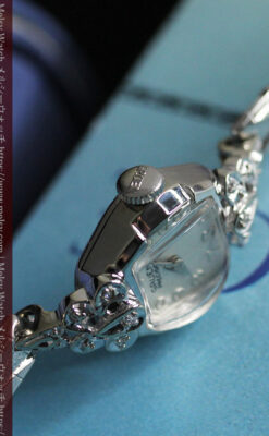 グリュエン レトロバンドが似合う白銀色の金無垢アンティーク腕時計 【1950年頃】-W1537-14