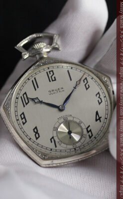 白銀色の五角形 グリュエンのアンティーク懐中時計 【1930年頃】-P2311-14